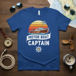 Motor Boat Captain text with a vintage boat graphic and sunset on a blue t-shirt