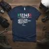 Motorcycle gear shift diagram N 123456 1 Down V Up text on a navy blue t-shirt