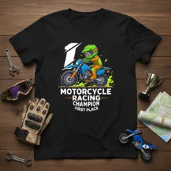 Motorcycle Racing Champion First Place text on a black t-shirt with a cartoon dirt bike rider winning