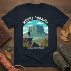 Mount Roraima Tepui Adventure t-shirt design showing a hiker on a cliff overlooking the mountain under a sky with clouds