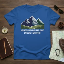 Blue t-shirt with "Mountain Adventures Await Explore & Discover" text and a graphic of majestic mountains and pine trees
