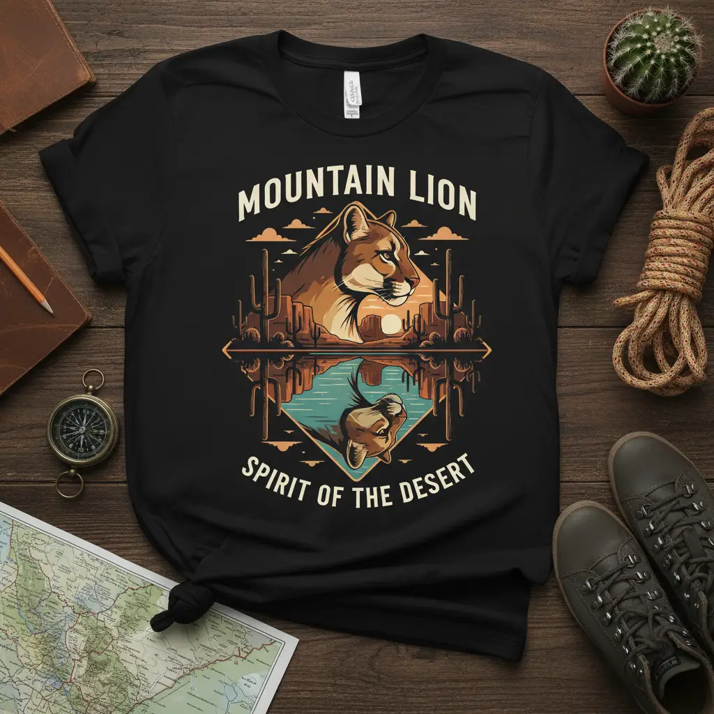 Mountain Lion Spirit Of The Desert design featuring a cougar's portrait and its reflection in desert water
