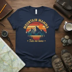 Mountain Mamma Take Me Home t-shirt featuring a retro sunset over mountains and pine trees