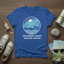Blue t-shirt featuring white text 'mountain ocean sunrise waves' below a circular graphic of mountains and ocean waves at sunrise