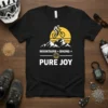 Mountains + Biking = Pure Joy t-shirt design with a mountain biker silhouette over snowy peaks and a yellow sun