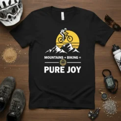 Mountains + Biking = Pure Joy t-shirt design with a mountain biker silhouette over snowy peaks and a yellow sun