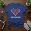 Blue t-shirt with "MOVE YOUR HEART" text and a heart filled with red figures in workout poses