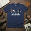 Navy t-shirt with "MOVEMENT" text and geometric shapes, featuring a row of diverse bears in various poses