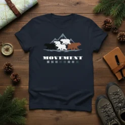 MOVEMENT t-shirt with bears hiking in mountains, navy blue tee, outdoor adventure graphic