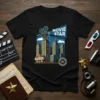 Movie Star Lights Camera Action text with vintage movie camera and cityscape graphic on black t-shirt