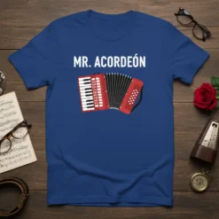 Mr. Acordeón text above a cartoon red accordion graphic on a blue t-shirt, perfect for musicians