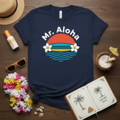 Mr. Aloha Hawaiian sunset t-shirt design with tropical flowers and ocean waves