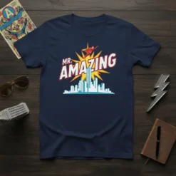 Navy blue t-shirt with "MR. AMAZING" text in bold white and red, featuring a flying superhero over a city skyline