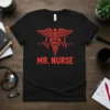 Black t-shirt with red Mr. Nurse text and Caduceus heartbeat graphic