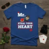 Mr. Steal Your Heart t-shirt design featuring a cartoon burglar stealing a heart, with matching couple text