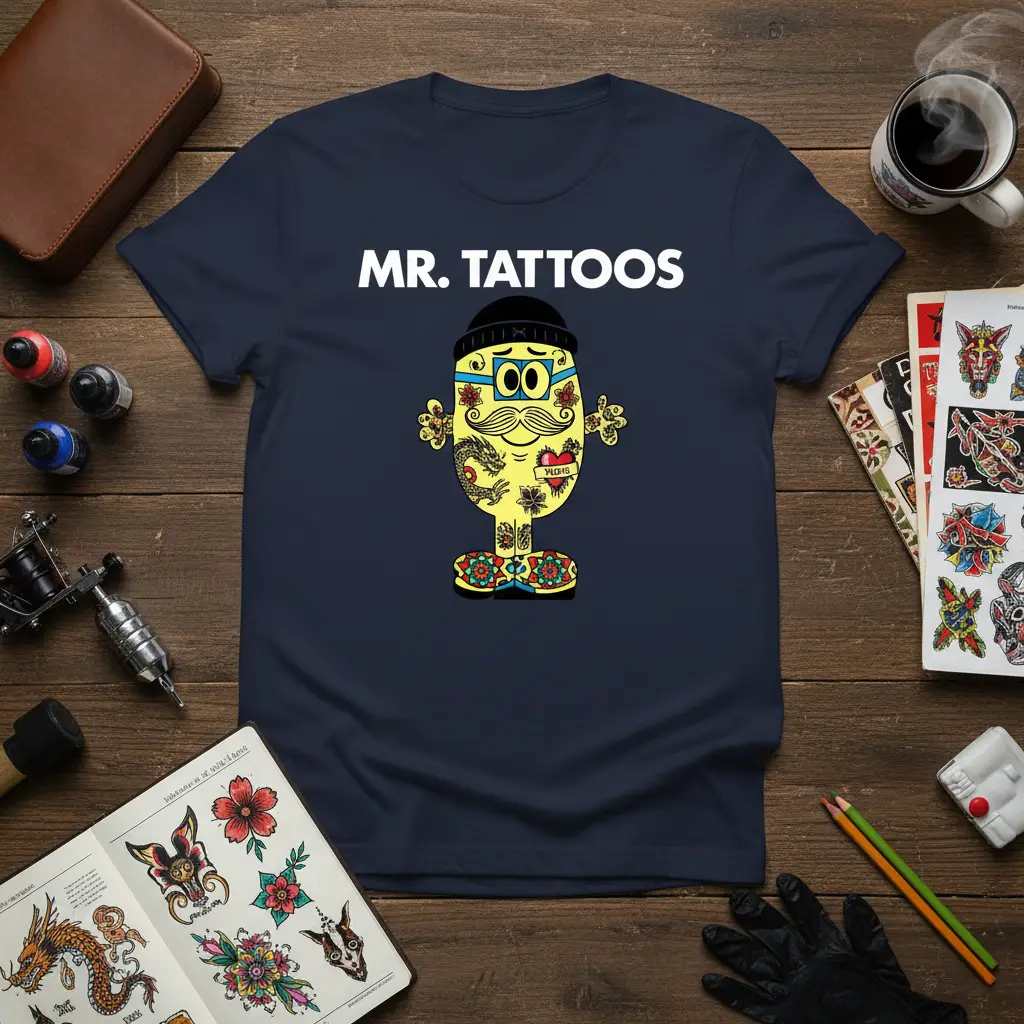 MR. TATTOOS text above a character covered in traditional tattoo style art on a navy blue t-shirt