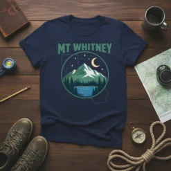 Navy blue t-shirt featuring the text MT WHITNEY above a circular graphic of mountains, lake, pine trees, and stars, with