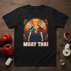 Muay Thai fighter graphic with text "MUAY THAI" on a black t-shirt, depicting two athletes sparring
