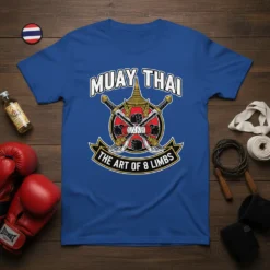 Muay Thai The Art of 8 Limbs t-shirt design featuring crossed swords, fists, and traditional Thai headwear