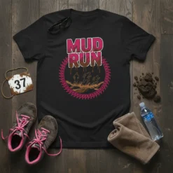 Black t-shirt with "MUD RUN" text and graphic of runners in mud, designed for obstacle course racers