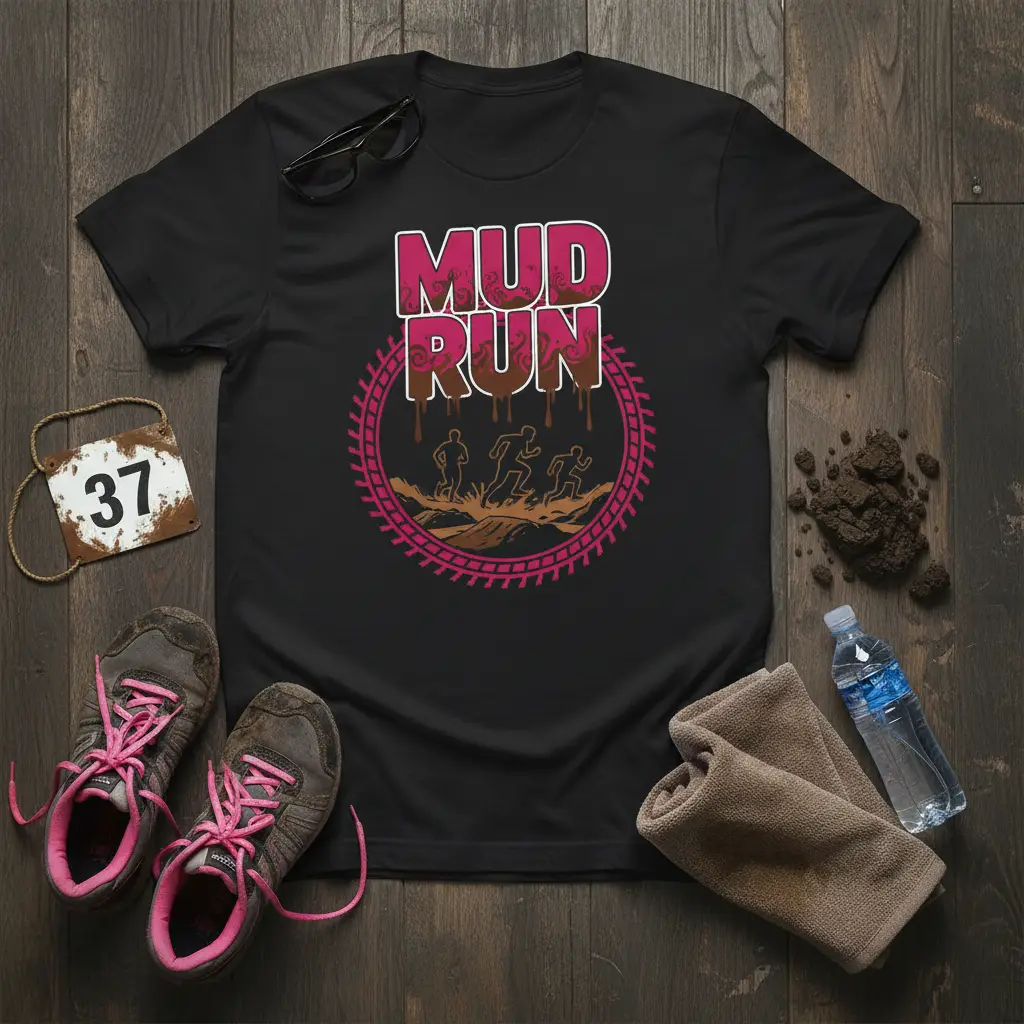 Mud Run text with silhouette runners in a muddy obstacle course graphic on a black t-shirt