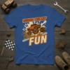 Muddy monster truck graphic with "Mudder Truckin' Fun" text on a blue t-shirt