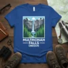 Multnomah Falls Oregon t-shirt design featuring a majestic waterfall, pine trees, and mountains under a sunny sky