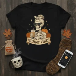 Black t-shirt with "Mummy Vibes" text, featuring a skeleton holding a coffee cup, surrounded by pumpkins and stars
