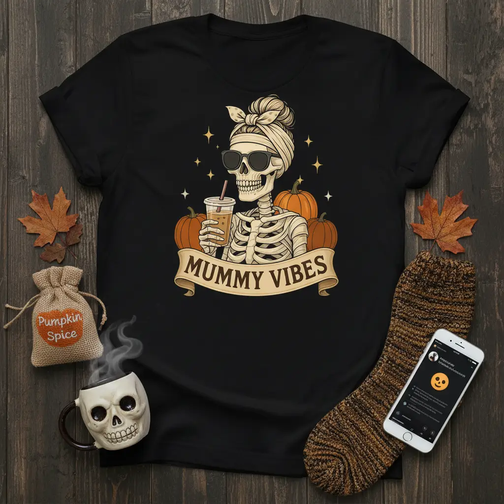 Mummy Vibes Skeleton Coffee T-Shirt Spooky Mom Halloween