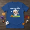 Mummy's Little Monster text with a cute mummy baby, pumpkin, spider, and moon on a blue t-shirt for Halloween