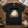 Munchies t-shirt design with a plump white cat sitting in a food bowl surrounded by fish and empty cans