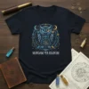 Mundam Per Regnum Latin quote t-shirt with a detailed celestial owl design, gears, and moon phases