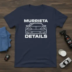 Murrieta Details text and outline of a modern sports car on a navy blue t-shirt, perfect for auto detailing professionals