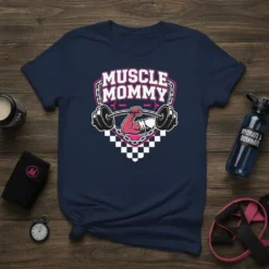 Muscle Mommy t-shirt design featuring a muscular arm lifting a barbell within a shield, surrounded by chains and checkered pattern