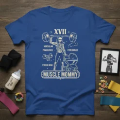 Muscle Mommy T-Shirt design with a skeleton woman lifting a barbell and pushing a stroller. Includes text "XVII", "Herculan Powerhouse"