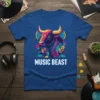 Vibrant blue t-shirt with "MUSIC BEAST" text and a colorful, geometric bull graphic with floral accents