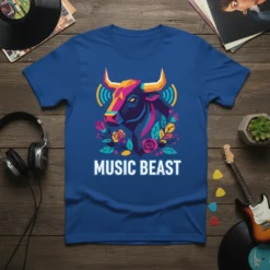 Vibrant blue t-shirt with "MUSIC BEAST" text and a colorful, geometric bull graphic with floral accents