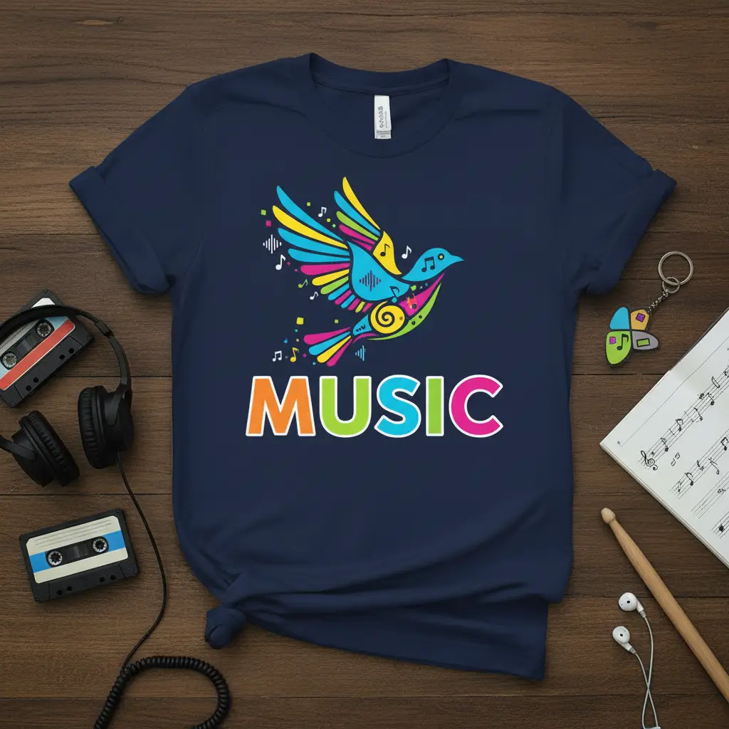 Music Bird Design Colorful Graphic T-Shirt for Musicians