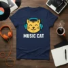 Music Cat T-Shirt with a yellow cat wearing blue headphones and musical notes, text reads MUSIC CAT