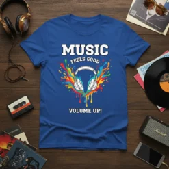 T-shirt with bold white text "MUSIC FEELS GOOD VOLUME UP!" above a colorful splatter graphic and white headphones