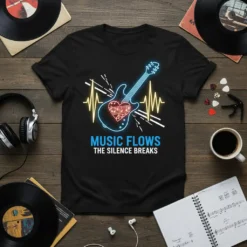 Black t-shirt with "Music Flows The Silence Breaks" text, neon guitar, heart with musical notes, and heartbeat graphic