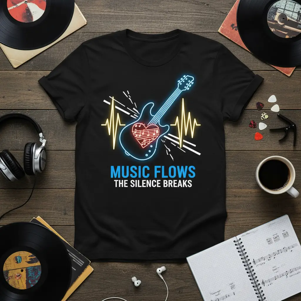Music Flows the Silence Breaks Guitar Tee for Musicians