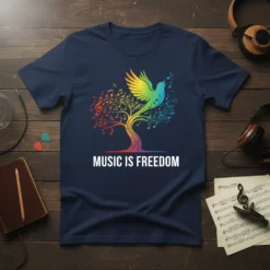 T-shirt with the text "MUSIC IS FREEDOM" below a colorful tree intertwined with musical notes and a rainbow bird