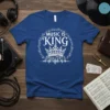 Music Is King T-Shirt design featuring a crown surrounded by musical notes and a city skyline graphic