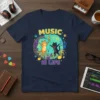 Music Is Life t-shirt design with two dancing cats, musical notes, and vibrant colors