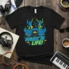 Black t-shirt with "MUSIC IS LIFE!" text and a graphic of DJ turntables with dancing figures