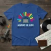 Music Is Life T-Shirt featuring a colorful guitar amp graphic with musical notes below