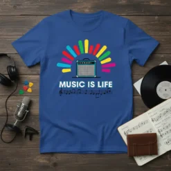 Music Is Life T-Shirt featuring a colorful guitar amp graphic with musical notes below