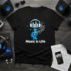 Black t-shirt with "Music is Life" text and graphic of headphones and equalizer within a silhouette of a head
