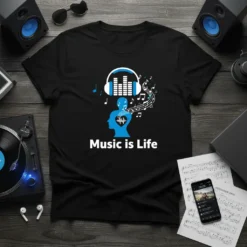 Black t-shirt with "Music is Life" text and graphic of headphones and equalizer within a silhouette of a head